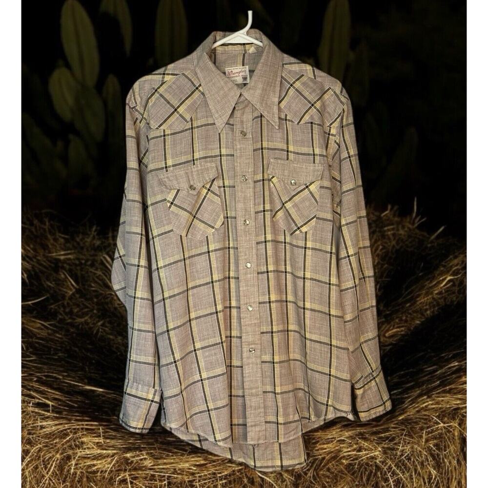 Vtg Wrangler USA Tan Plaid Pearl Snap Shirt 16.5x34 Long Tail Western